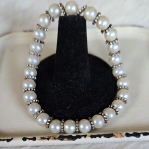 B-003-Elegant Faux Pearl and Silver Tone Beaded Bracelet